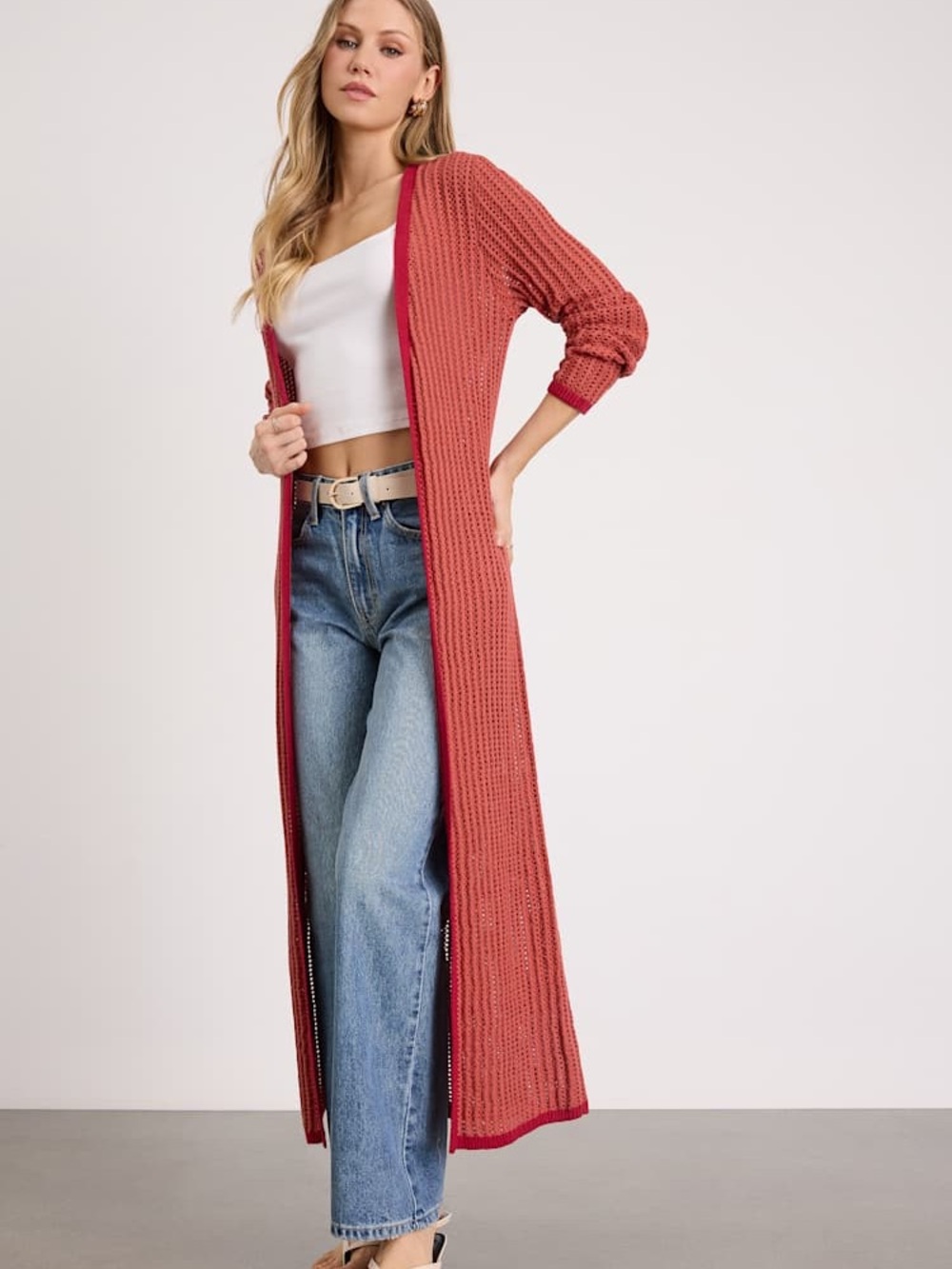 Lulu's Kaveri Rust Open-Front Duster Cardigan
